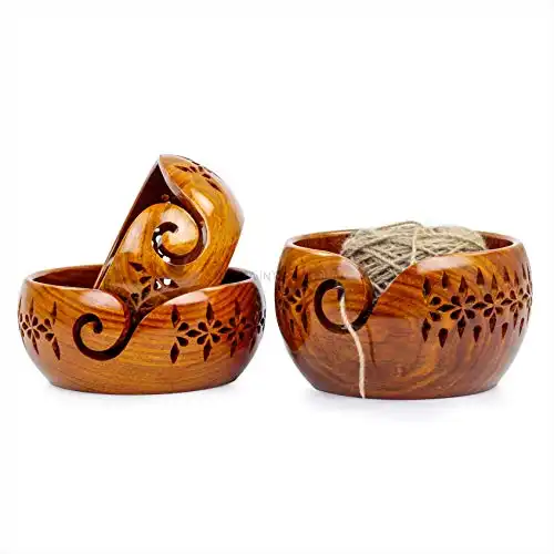Rosewood Crafted Wooden Yarn Storage Bowl With Carved Holes & Drills | Knitting Crochet Accessories | Nagina International (Set)