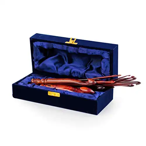 Exquisite Premium Rosewood Crafted Fine Crochet Hooks Pack with Exemplary Wood Work Handles Housed in Blue Velvet Box | Knitting & Crocheting Accessories by Nagina International