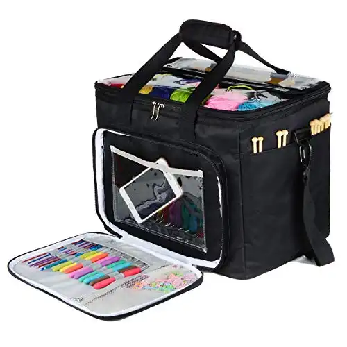 Hoshin Knitting Bag for Yarn Storage, High Capacity Yarn Totes Organizer with Inner Divider Portable for Carrying Project, Knitting Needles(up to 14”), Crochet Hooks, Skeins of Yarn (Black)