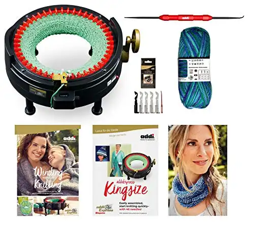 New Improved Version Of addi Express Kingsize Extended Starter Kit With New Improved Mechanical Row Counter. Knitting Machine, 2 Pattern Books, Hook, Replacement Needles, Stopper, Yarn
